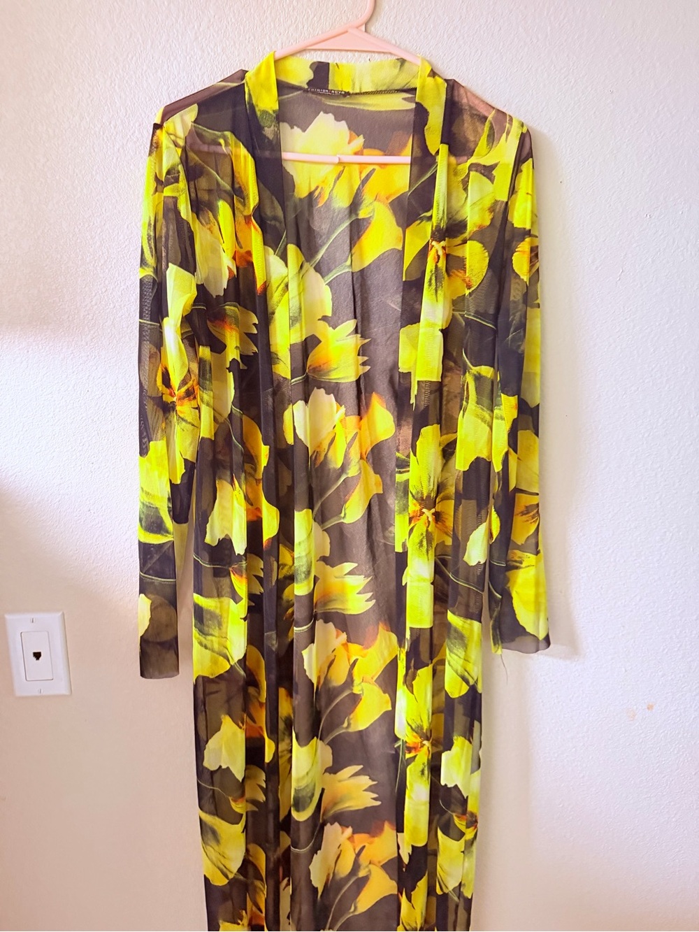 Fashion Nova Yellow & Black Floral Long Sleeve Maxi Cardigan